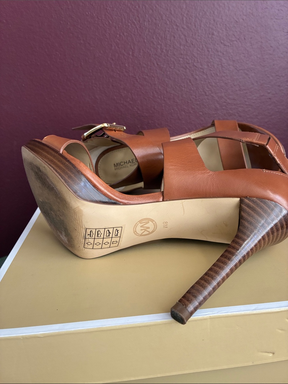 Michael Kors Luggage Leather Josephine Open Toe High Heel Sandals - Picture 6 of 9